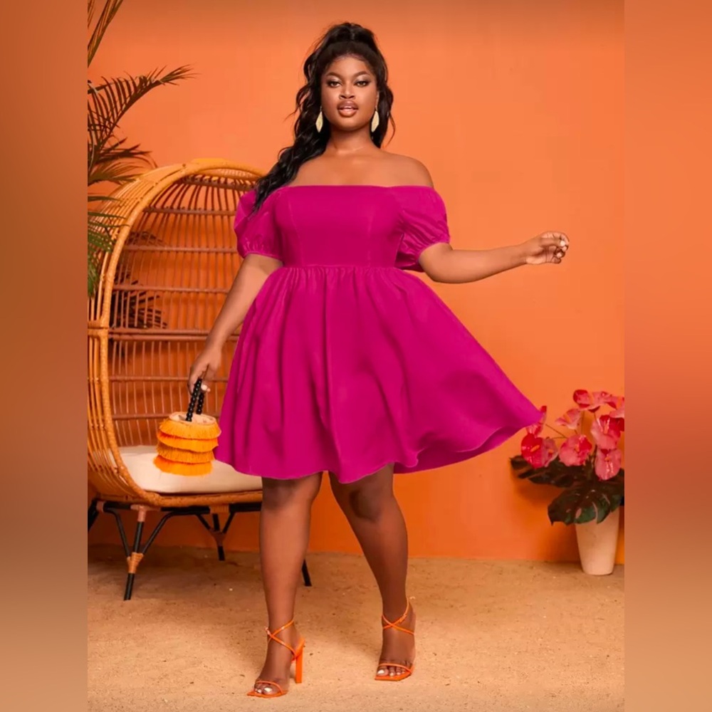 SHEIN Fuchsia Off Shoulder Puff Sleeve Mini Dress 2X NWT